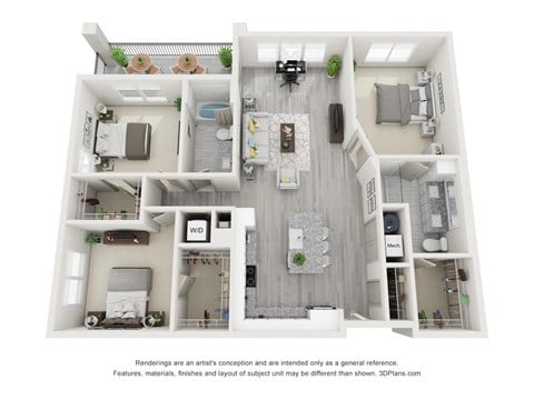 Floor plan for 3 beds, 2 baths, 1400 sqft